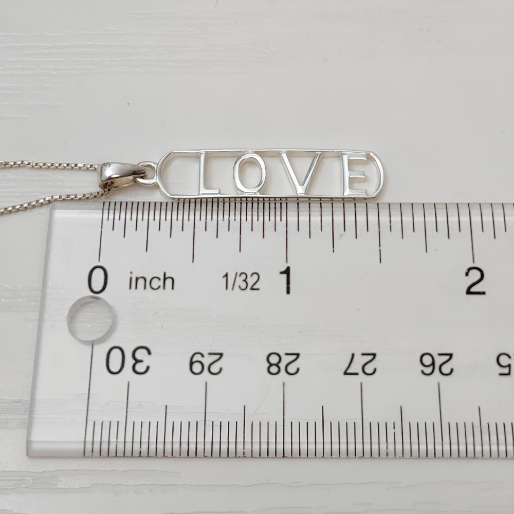 SU Sterling Silver Open work LOVE Bar Pendant Necklace Thailand 17" - Picture 5 of 13